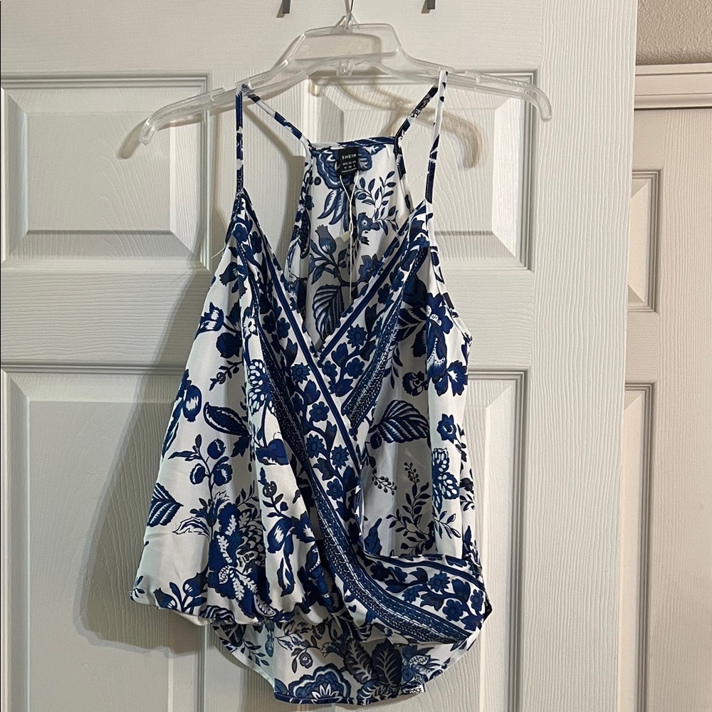 SHEIN Blue and White Floral Blouse